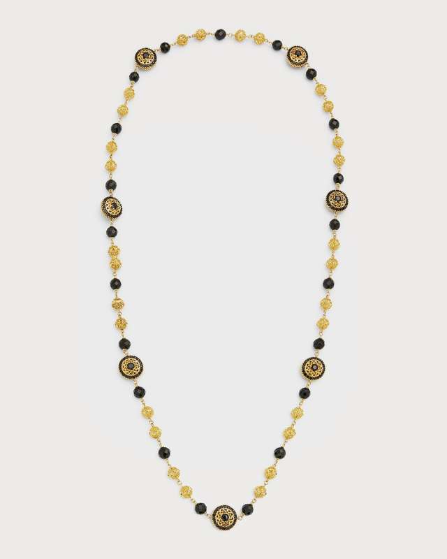 18K Yellow Gold Black Jade and Black Sapphires Necklace, 80cm